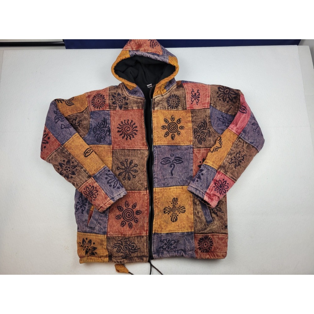 Unisex Jacket Patched Work Hippie Boho Spiritual Fleece Lined Full Zip Sz M READ